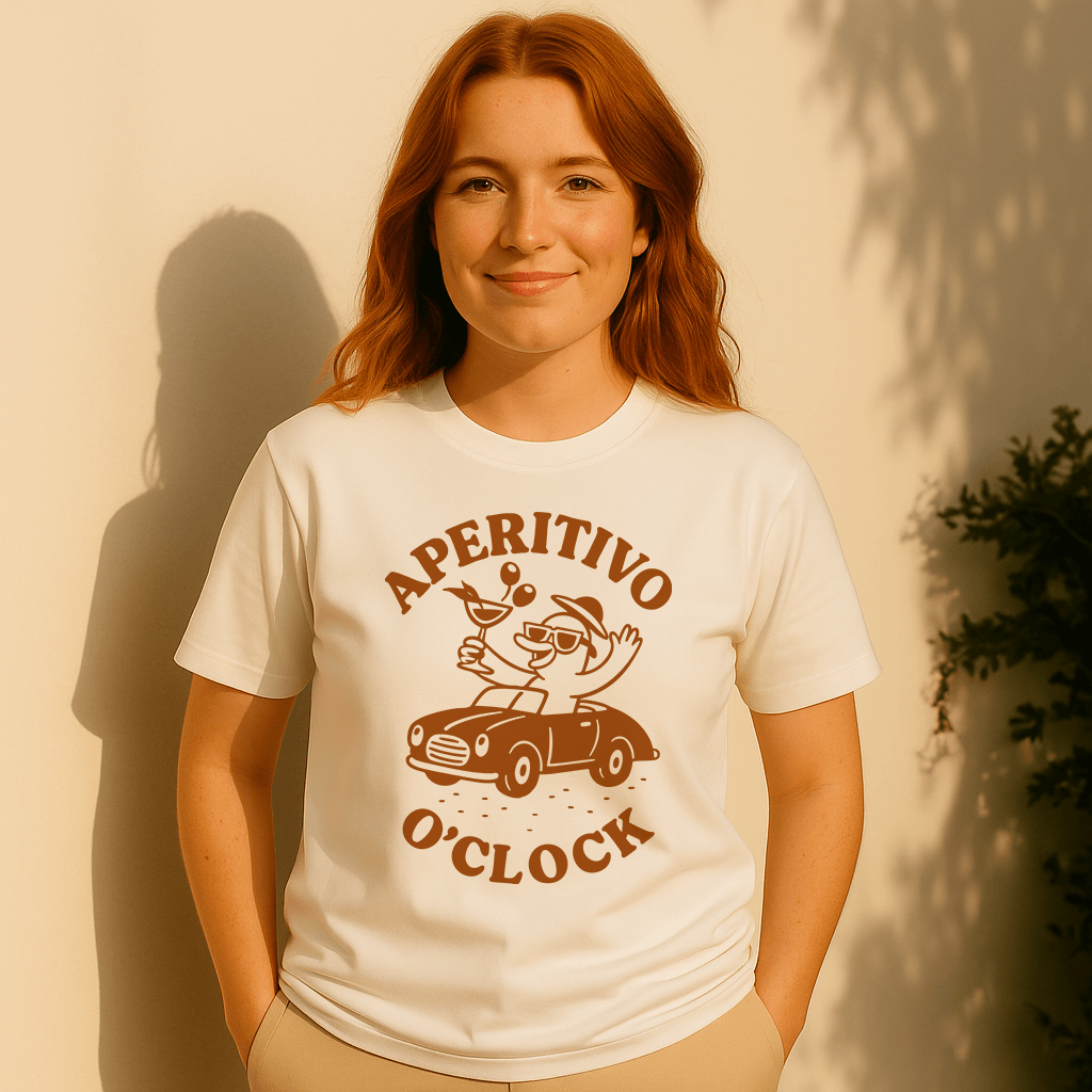 Woman wearing a white t-shirt with 'Aperitivo O'Clock' design against a beige wall.